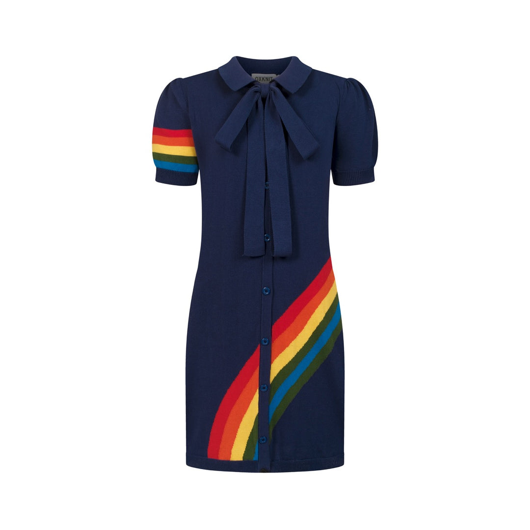 Women's Dark Blue Retro Rainbow Tie-Front Pocket Knit Dress