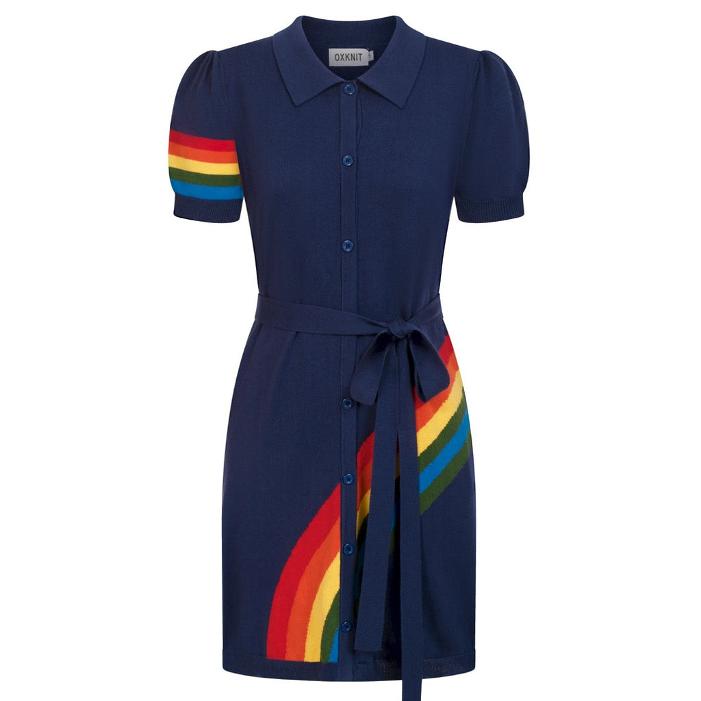 Women's Dark Blue Retro Rainbow Tie-Front Pocket Knit Dress, Dark Blue / L
