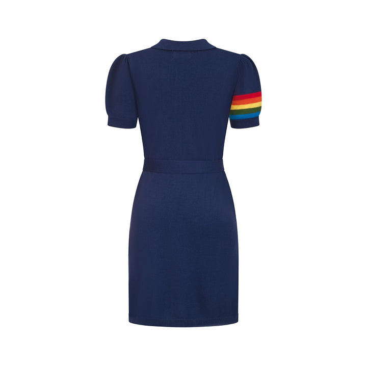 Women's Dark Blue Retro Rainbow Tie-Front Pocket Knit Dress