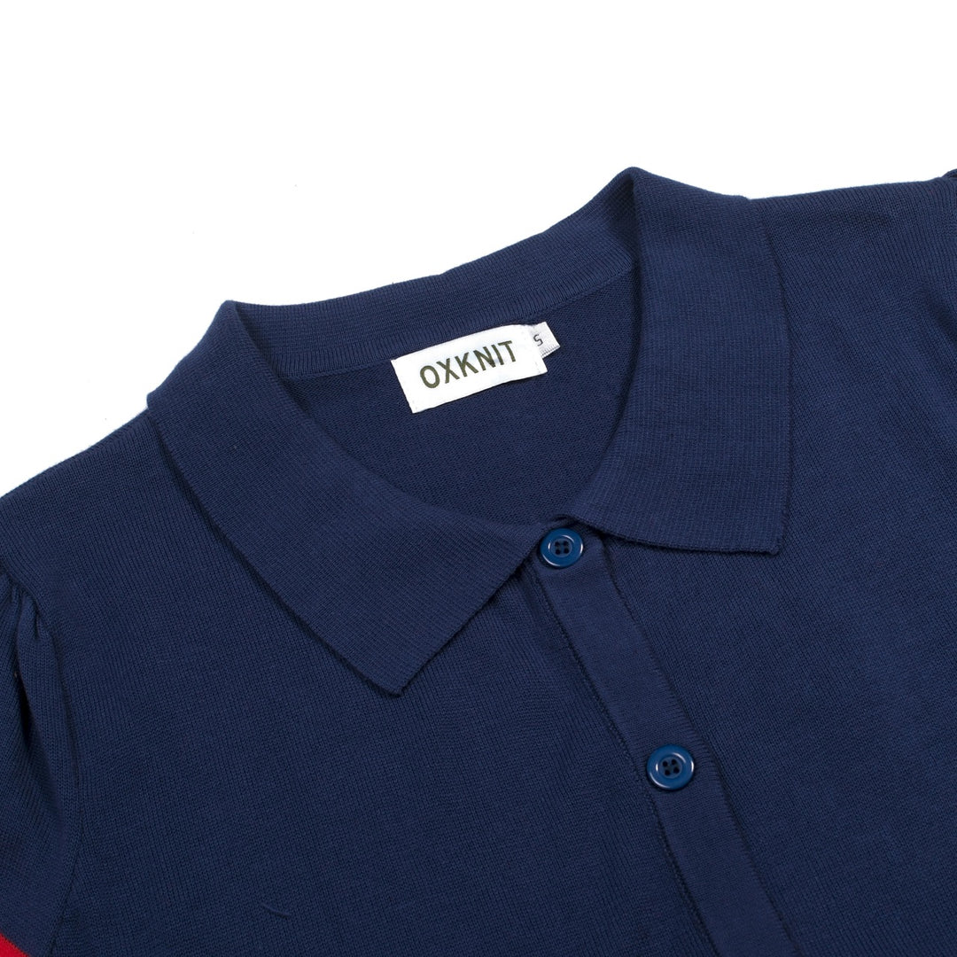 Women's Dark Blue Retro Rainbow Tie-Front Pocket Knit Dress