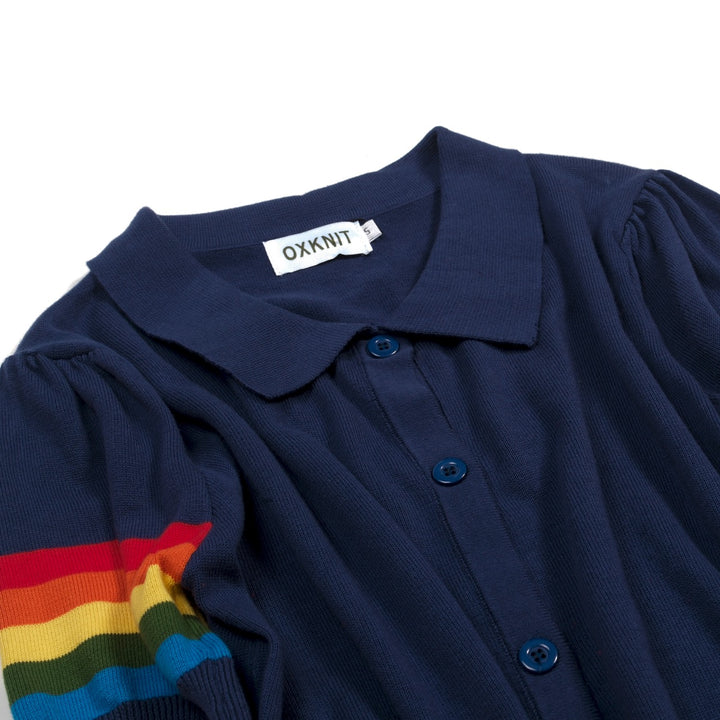 Women's Dark Blue Retro Rainbow Tie-Front Pocket Knit Dress