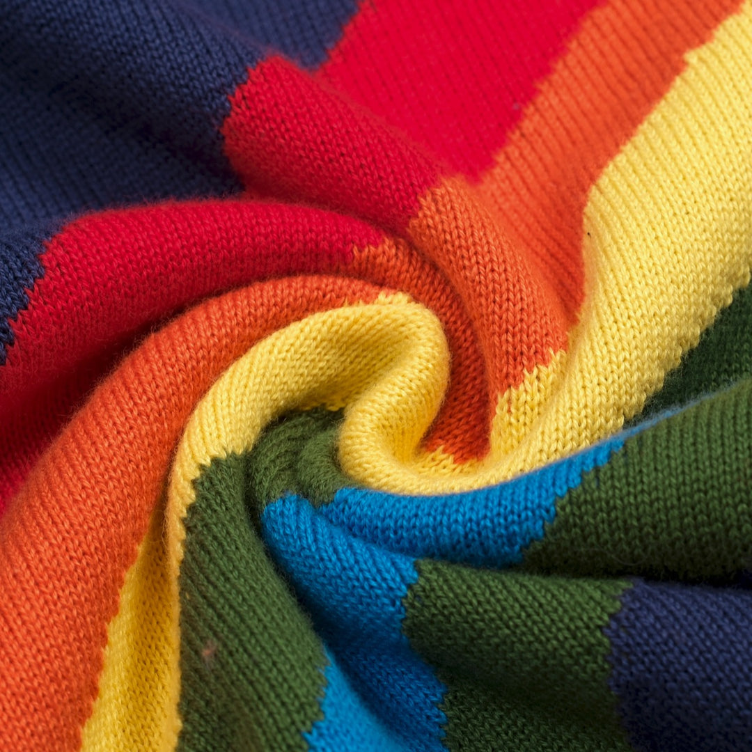 Women's Dark Blue Retro Rainbow Tie-Front Pocket Knit Dress
