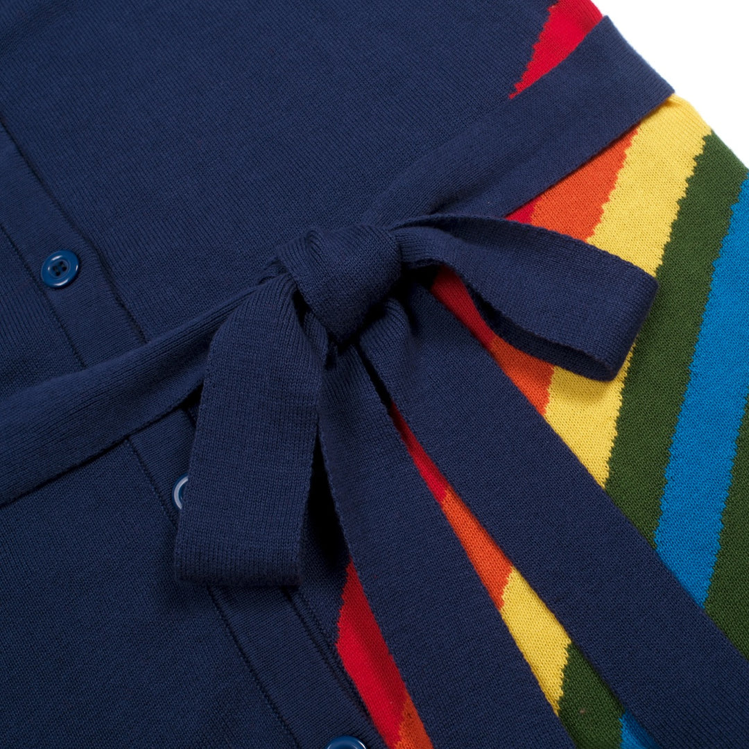 Women's Dark Blue Retro Rainbow Tie-Front Pocket Knit Dress