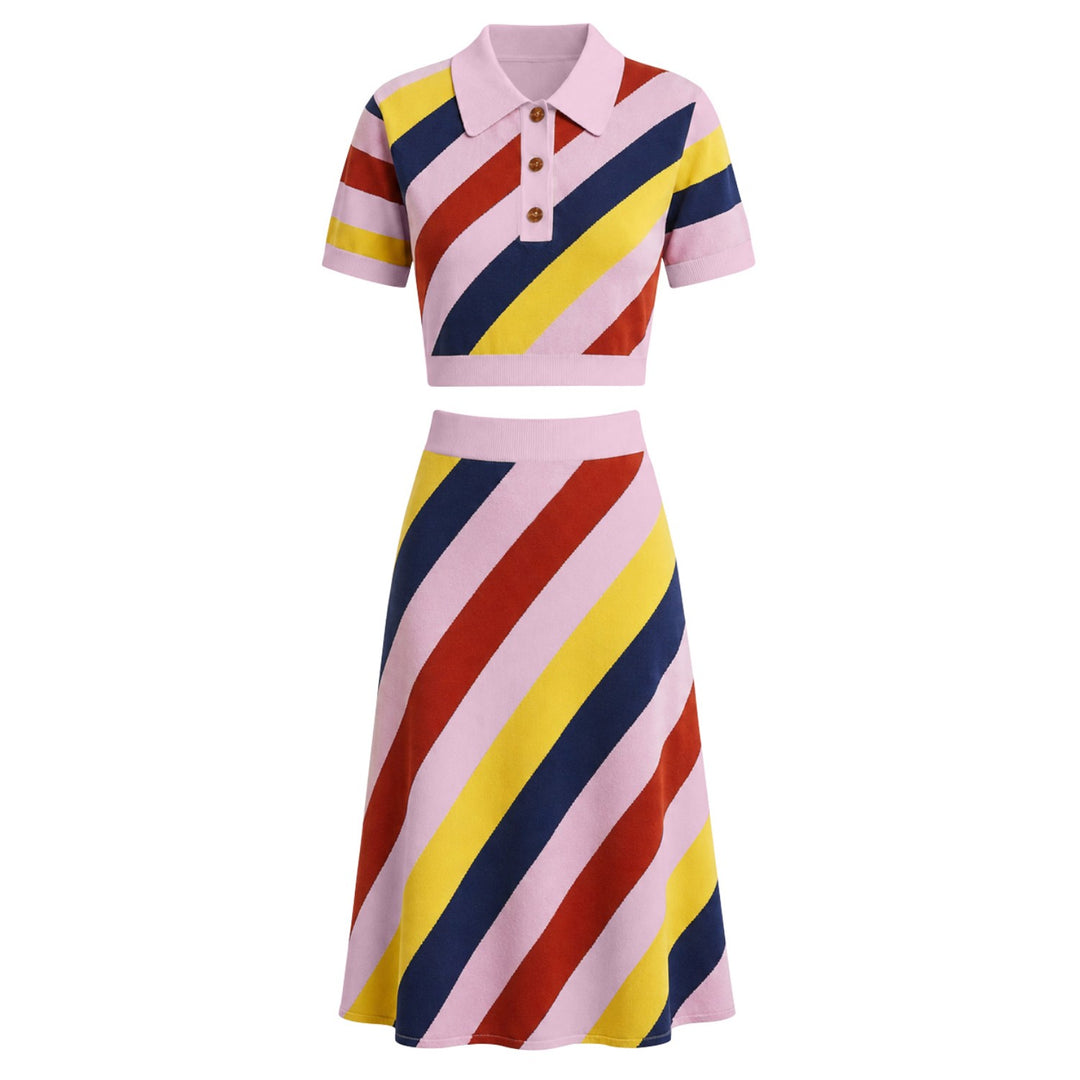 Conjunto de Vestido Retro de Rayas Pop de los Años 70 para Mujer