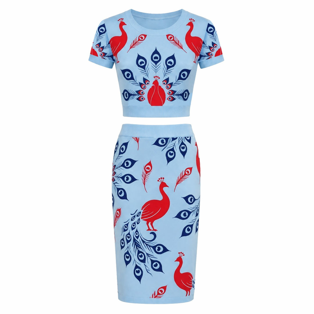 Women's Blue Fun Peacock Jacquard Dress Set