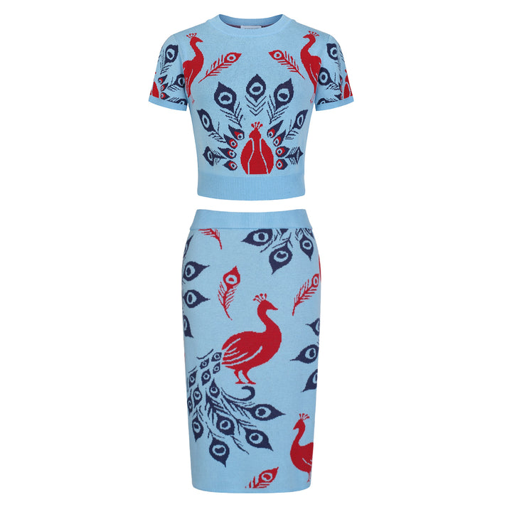 Women's Blue Fun Peacock Jacquard Dress Set