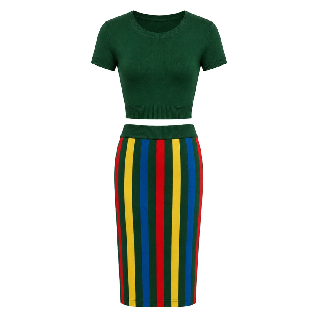 Women's Green Vertical Striped Jacquard Dress Set OXKnit Women's Green Vertical Striped Jacquard Dress Set OXKnit