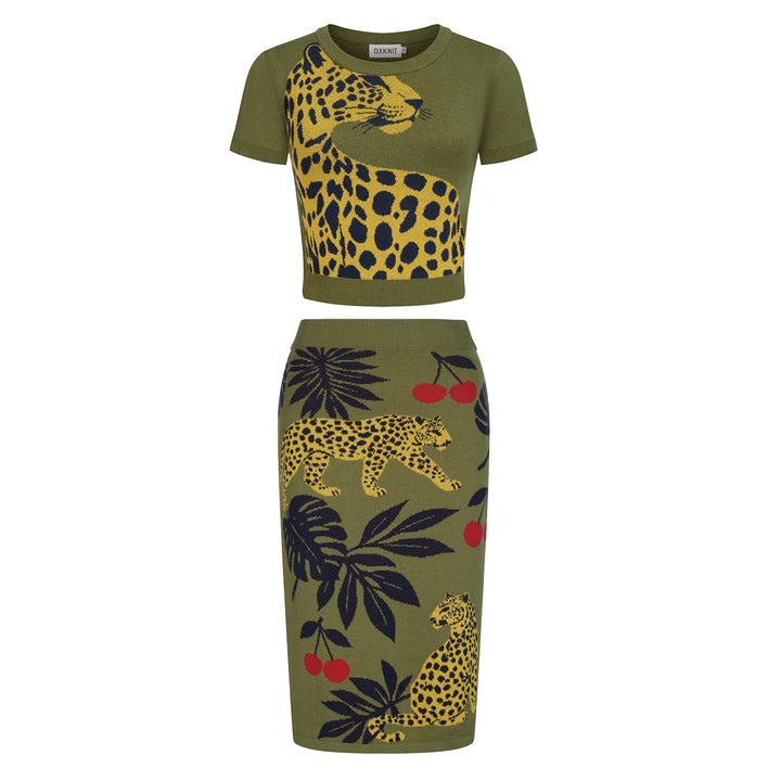 Women's Green Tropical Vacation Retro Style Dress Set