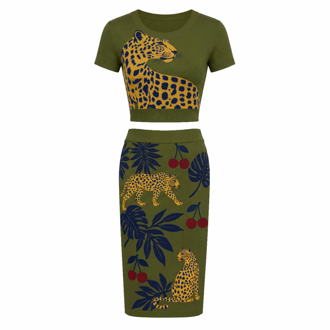 Women's Green Tropical Vacation Retro Style Dress Set