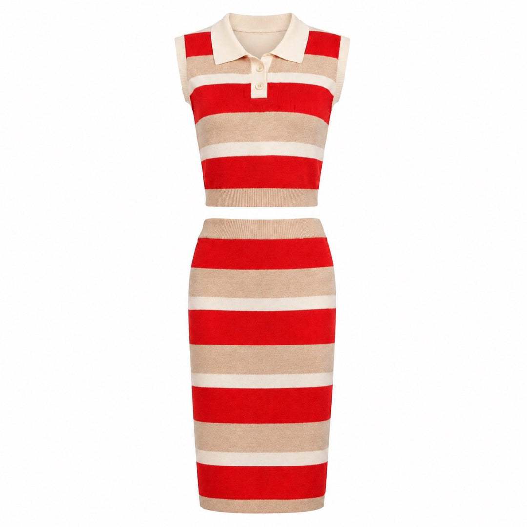 Women's 70s Color Block Striped Polo Knit Suspender Dress Set