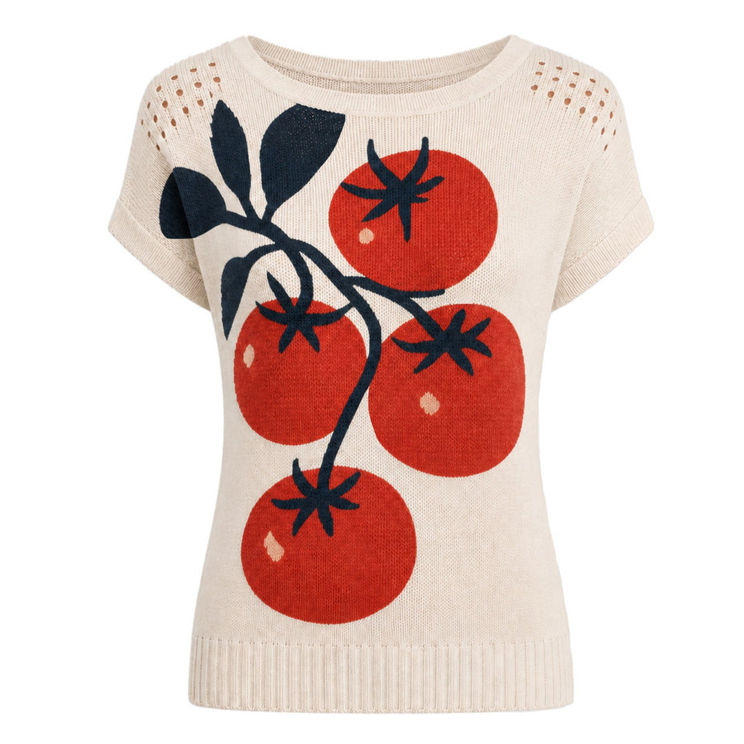 Svart Bee Jacquard vintage stickad V-ringad T-shirt för kvinnor