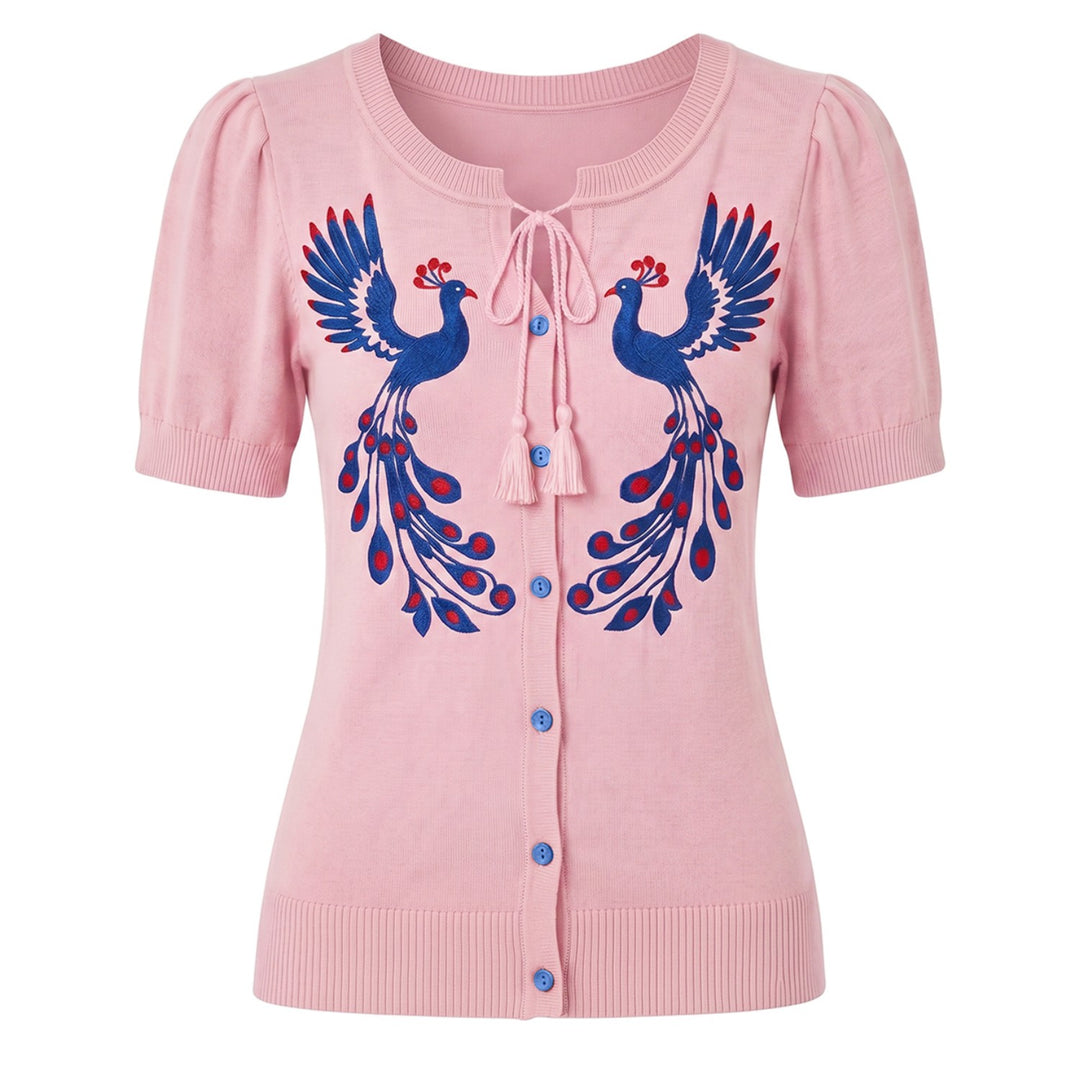 Camiseta de punto de jacquard con diseño de pájaro de mujer de color negro