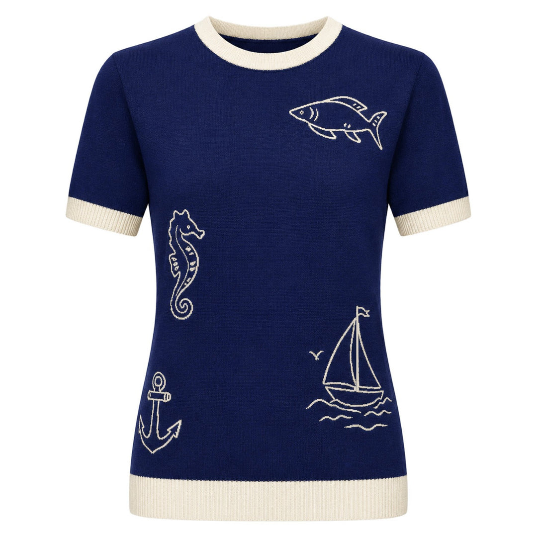 Braun gestreiftes Jacquard-Strick-T-Shirt für Damen