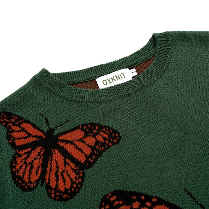 Women's Dark Green Academia Butterfly Jacquard Knit T-Shirt