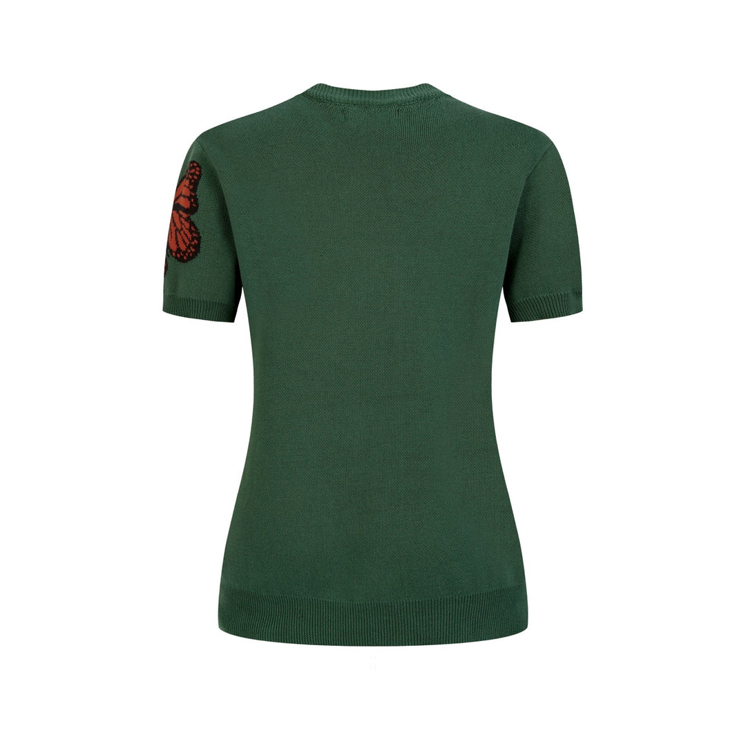 Women's Dark Green Academia Butterfly Jacquard Knit T-Shirt