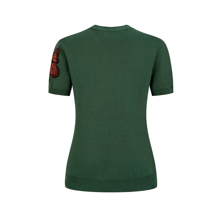 Women's Dark Green Academia Butterfly Jacquard Knit T-Shirt