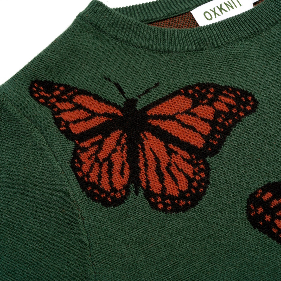 Women's Dark Green Academia Butterfly Jacquard Knit T-Shirt