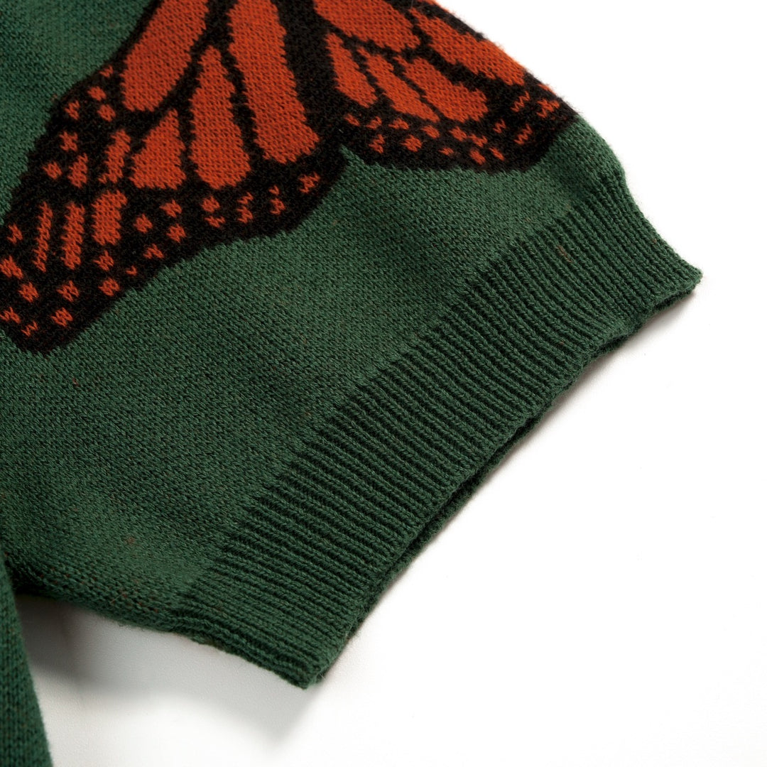 Women's Dark Green Academia Butterfly Jacquard Knit T-Shirt