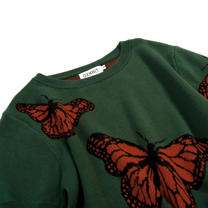 Women's Dark Green Academia Butterfly Jacquard Knit T-Shirt