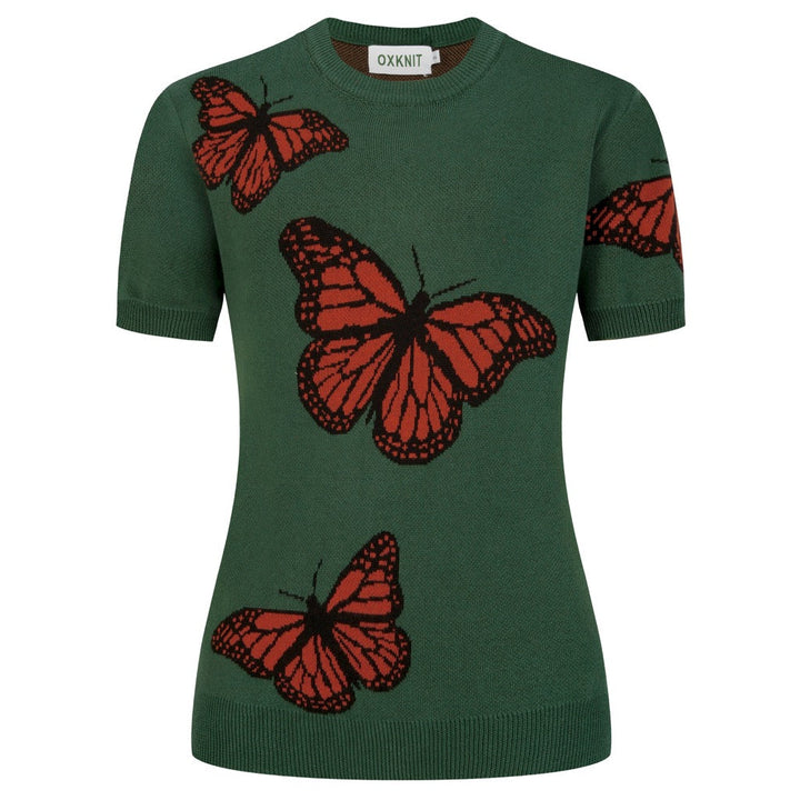 Women's Dark Green Academia Butterfly Jacquard Knit T-Shirt