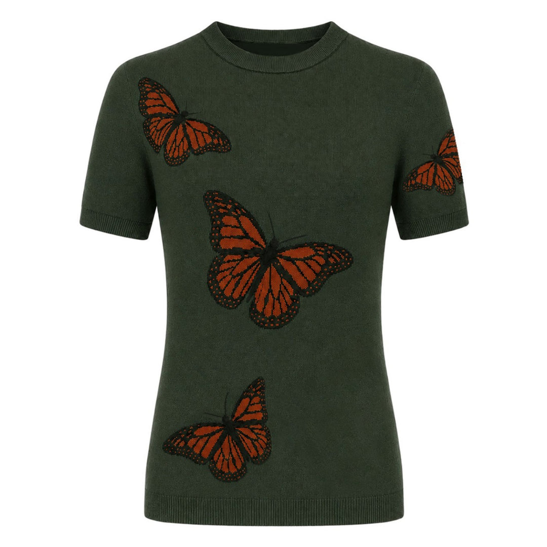 Women's Dark Green Academia Butterfly Jacquard Knit T-Shirt