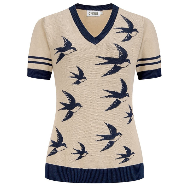 T-shirt en maille jacquard kaki pour femme, style collège avec motif hirondelle française
