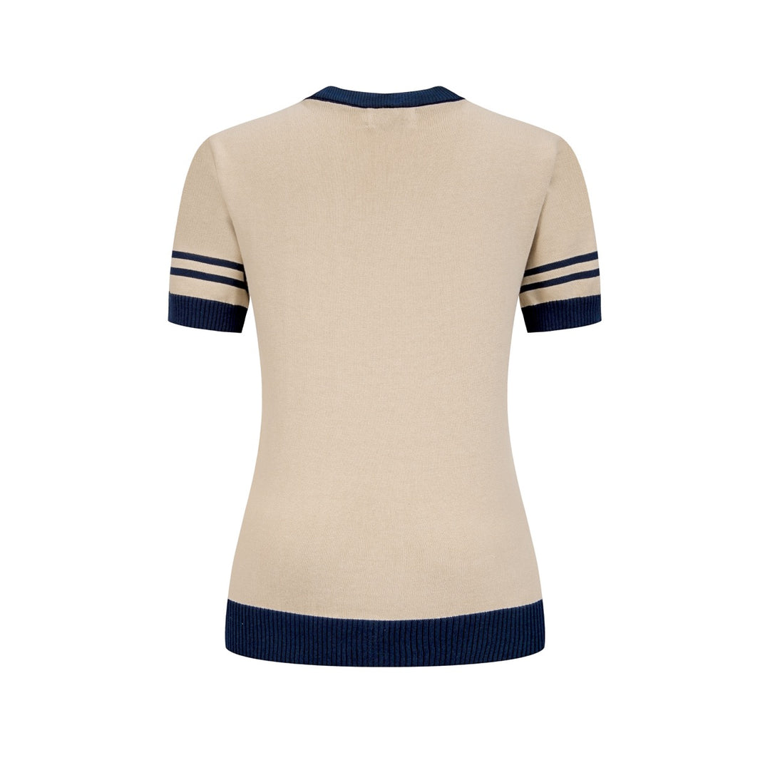 T-shirt en maille jacquard kaki pour femme, style collège avec motif hirondelle française