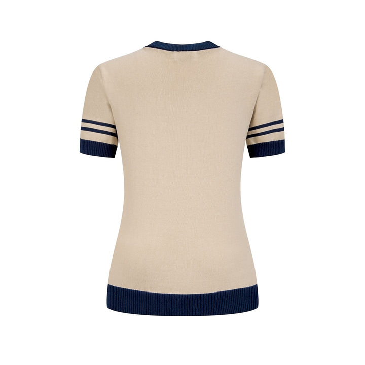 T-shirt en maille jacquard kaki pour femme, style collège avec motif hirondelle française