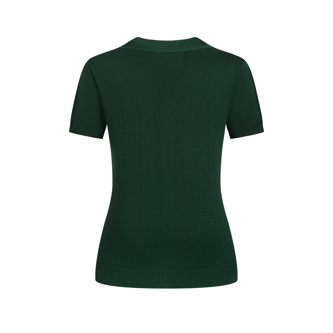 T-shirt en maille vert foncé pour femme avec rose romantique brodée et col à nouer