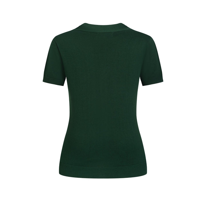 T-shirt en maille vert foncé pour femme avec rose romantique brodée et col à nouer