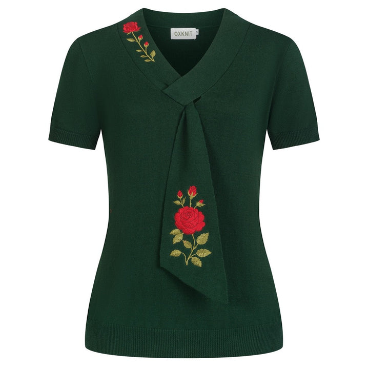 T-shirt en maille vert foncé pour femme avec rose romantique brodée et col à nouer