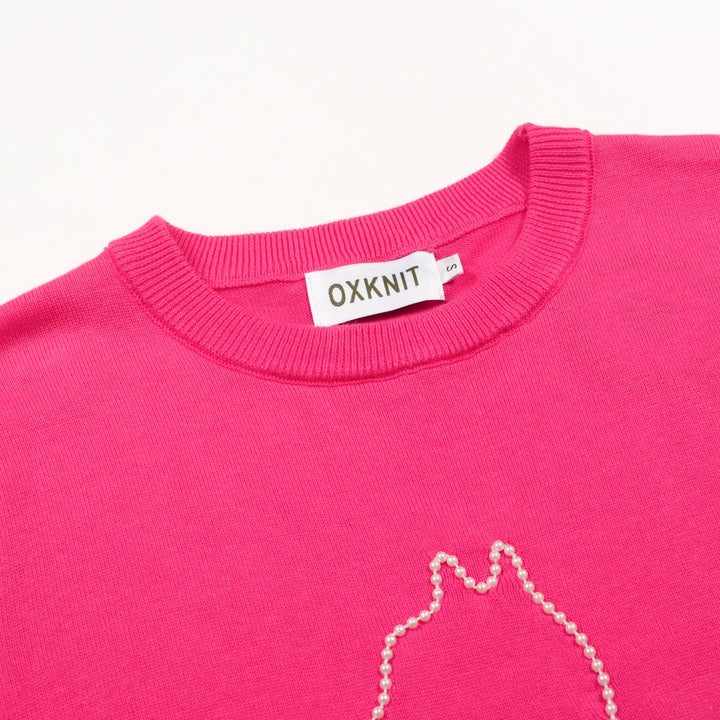 Damen Pinkes Süßes Katzen-Perlen-Strick-T-Shirt