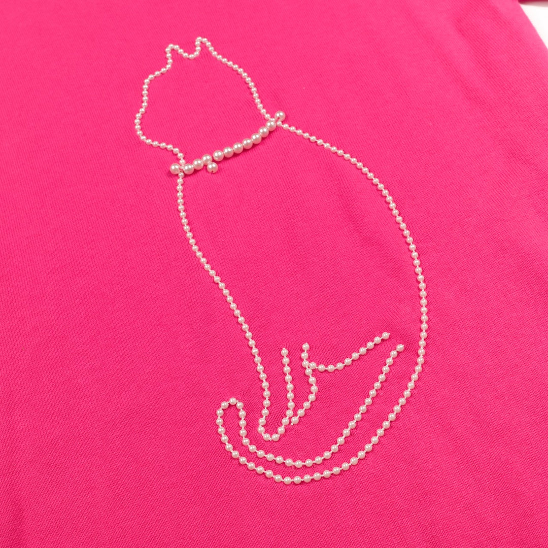 Damen Pinkes Süßes Katzen-Perlen-Strick-T-Shirt