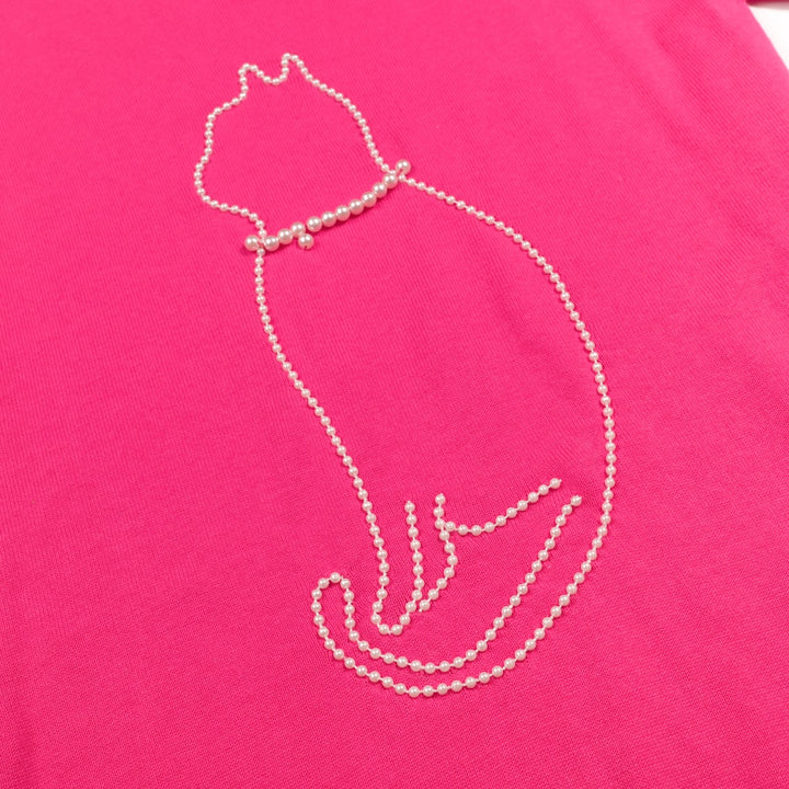Damen Pinkes Süßes Katzen-Perlen-Strick-T-Shirt