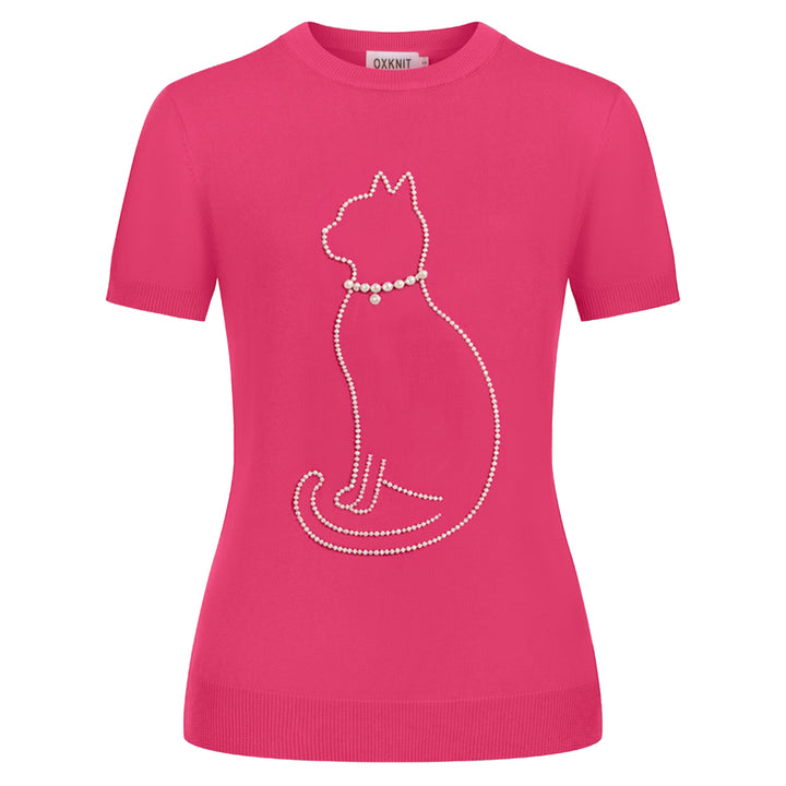 Damen Pinkes Süßes Katzen-Perlen-Strick-T-Shirt