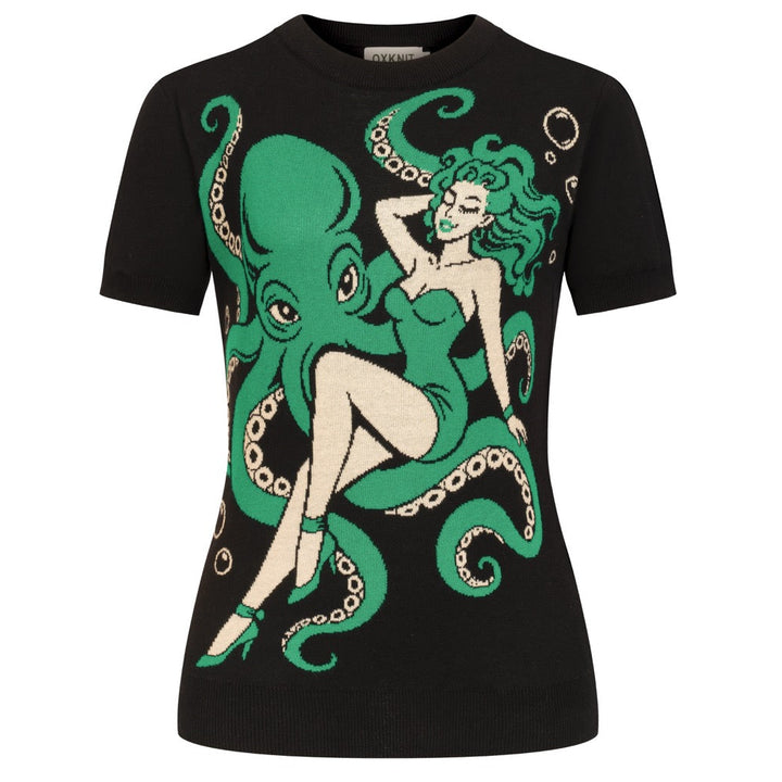 Women's Black Dark Mermaid Retro Knit T-Shirt