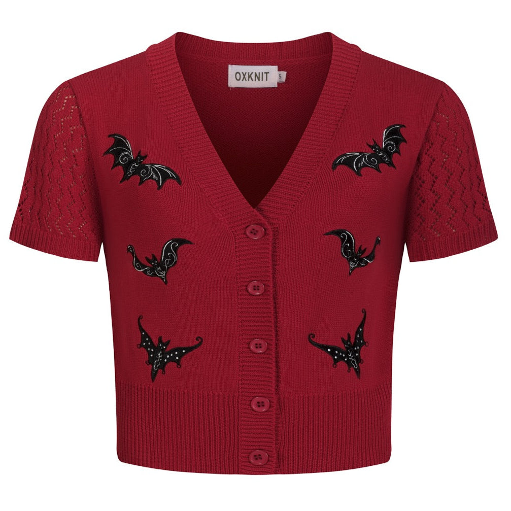 Women's Red Openwork Bat Embroidered Knit Cardigan - Cropped