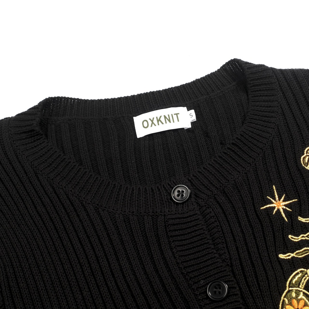 Dames Zwarte Scorpion Cactus Geborduurd Gebreid Vest - Verkorte Lengte