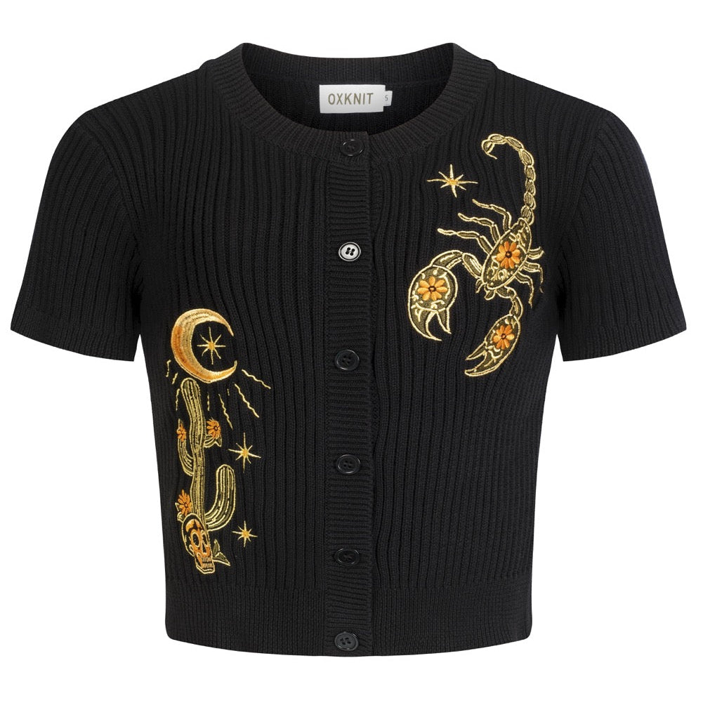 Women's Black Scorpion Cactus Embroidered Knit Cardigan - Cropped