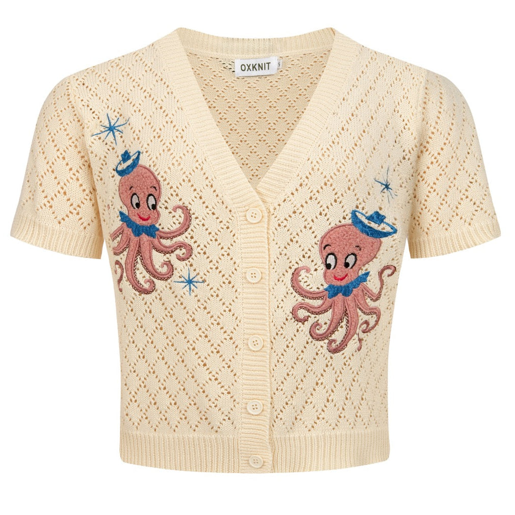 Women's Apricot Cartoon Octopus Embroidered Knit Cardigan - Cropped Length