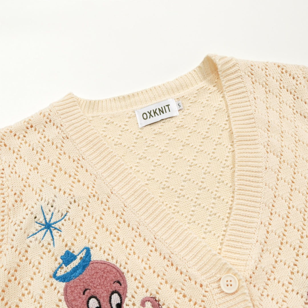 Women's Apricot Cartoon Octopus Embroidered Knit Cardigan - Cropped Length