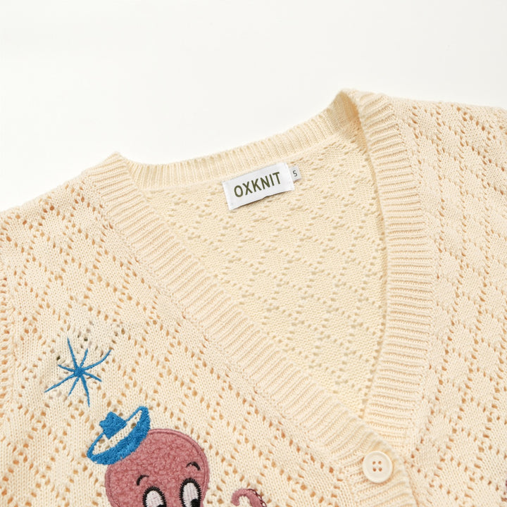 Women's Apricot Cartoon Octopus Embroidered Knit Cardigan - Cropped Length