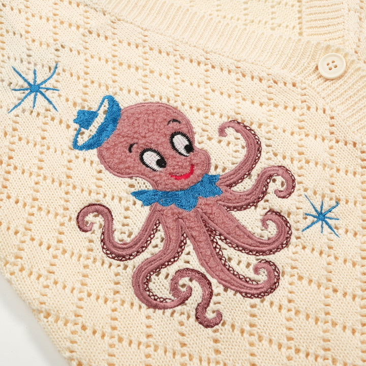 Women's Apricot Cartoon Octopus Embroidered Knit Cardigan - Cropped Length