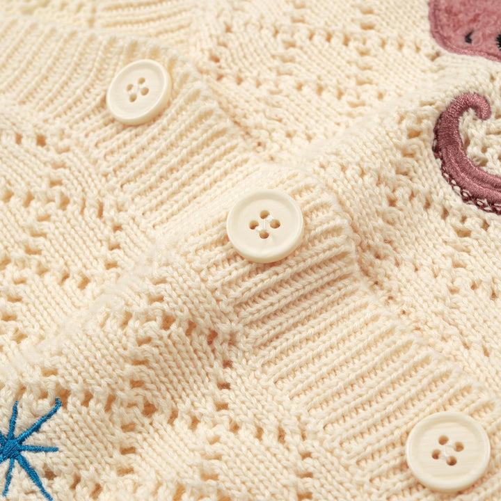Women's Apricot Cartoon Octopus Embroidered Knit Cardigan - Cropped Length