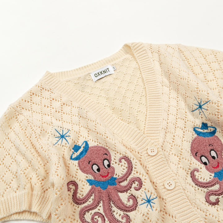 Women's Apricot Cartoon Octopus Embroidered Knit Cardigan - Cropped Length