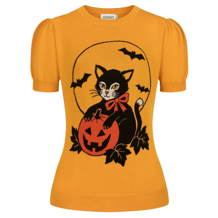 Dames Gele Halloween Schattige Vintage Gebreide T-Shirt