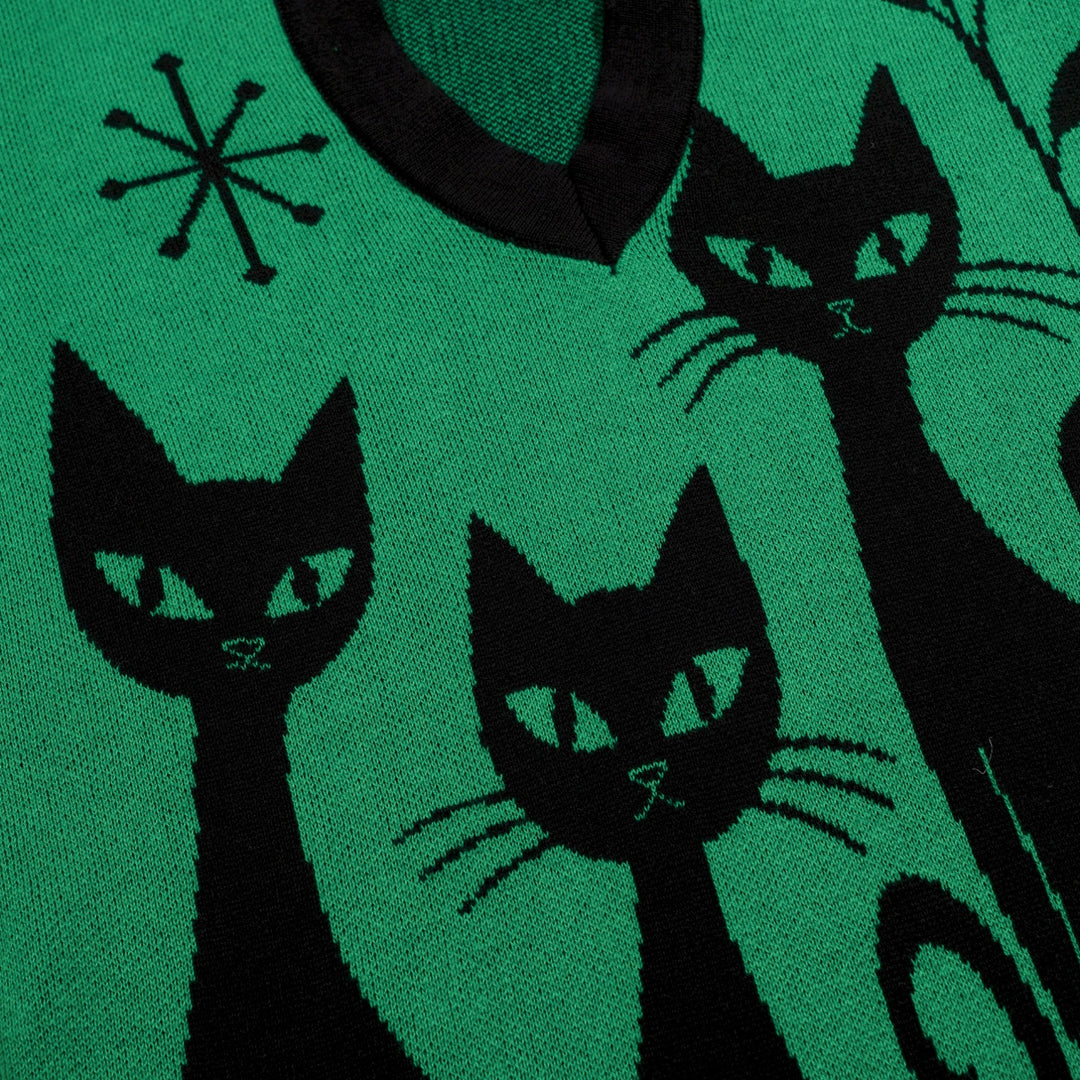 Damen Grün Mid-Century Atomic Cat Strick-T-Shirt