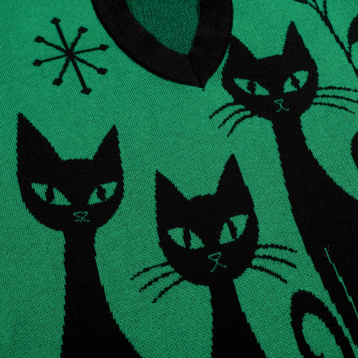 Damen Grün Mid-Century Atomic Cat Strick-T-Shirt