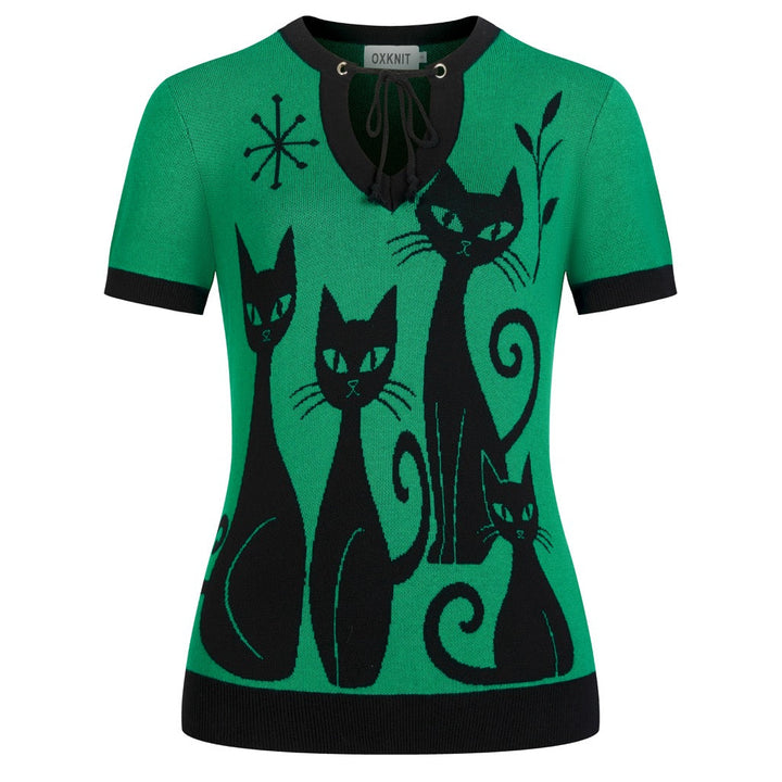Damen Grün Mid-Century Atomic Cat Strick-T-Shirt