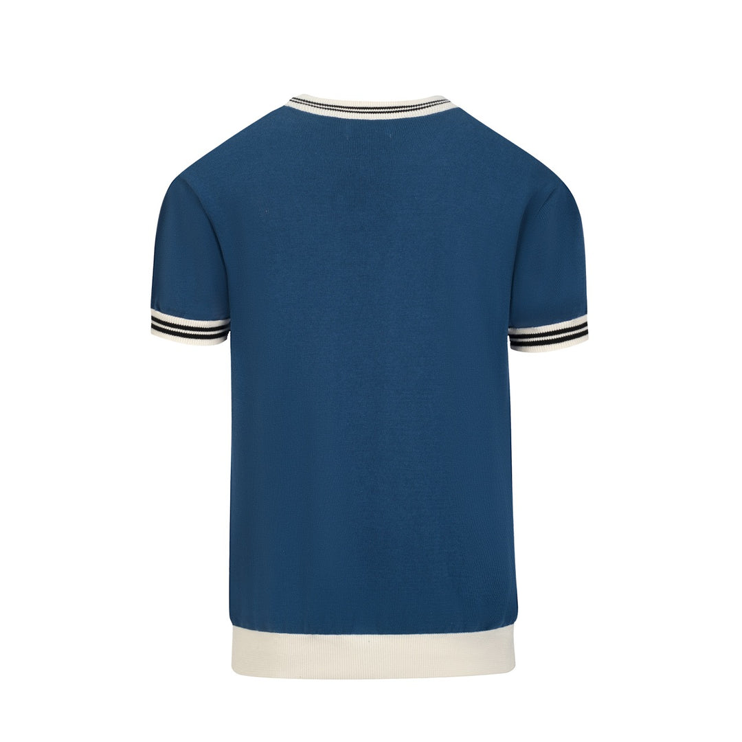 Ανδρικό μπλε ρετρό πλεκτό T-shirt με σχέδιο γάτας σε ζακάρ